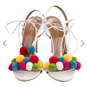 Aquazzura White Heels with Colorful Pom Poms